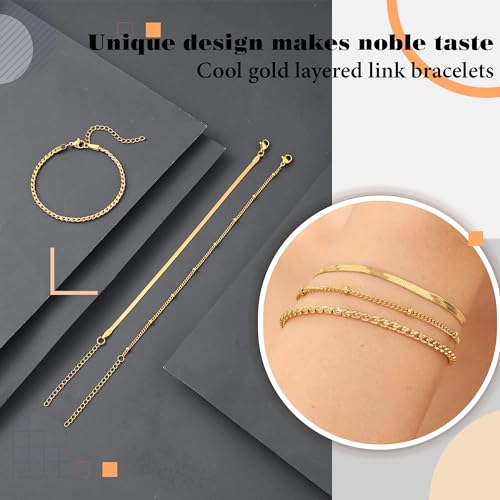 Dainty Gold Bracelets for Women Trendy Gold Link Chain Bracelet Set Figaro Paperclip Herringbone Teen Girl Gifts Christmas Jewelry 14k 18k Gold Plated Bracelets Stack