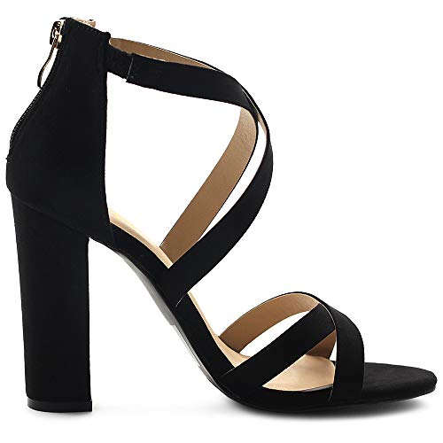 Ollio Women's Shoes Faux Suede Ankle Toe Cross Strap Zip Up High Heels Pumps Sandals H98 (6 B(M) US, Black)