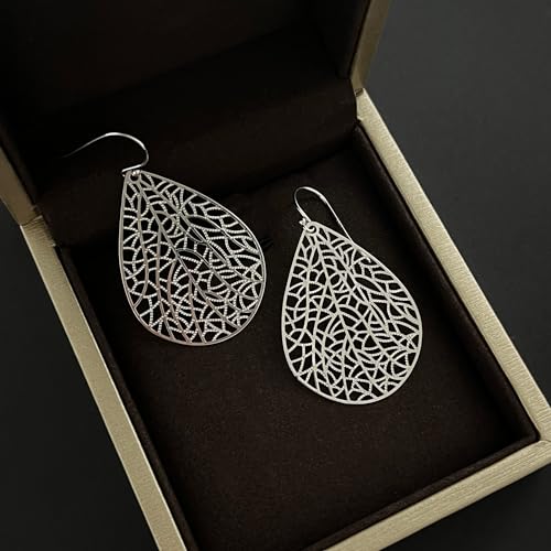 Handmade Filigree Teardrop Dangling Earrings for Women, 925 Sterling Silver Hooks Exquisite Leaf Earrings for Gift