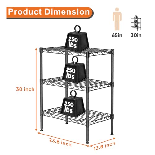 Sweetcrispy 3-Tier Storage Shelving Unit, Adjustable Metal Wire Racks Heavy Duty Standing Shelf Organizer for Kitchen, Closet, Pantry, Garage, Bathroom, Laundry (13.8" D x 23.6" W x 30" H)