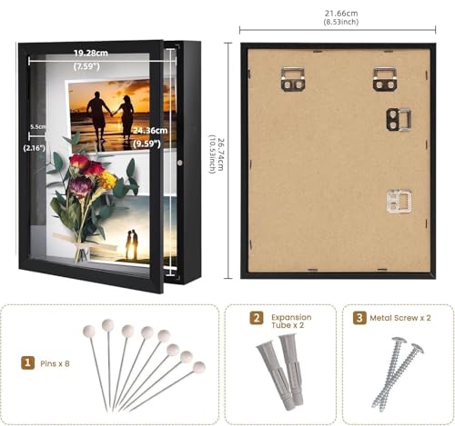 Muzilife 8x10 Shadow Box Picture Frame - 2.16" Interior Deep Wood & Glass Display Case Ready to Hang Memory Box Baby Sports Memorabilia, Wedding, Tickets, and Photos, Black
