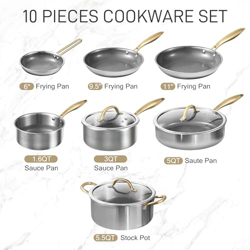 CAROTE Tri-Ply Stainless Steel Cookware Set, 9 Pcs Stainless Steel Pots and Pans Set with Tempered Glass Lids, Stay-Cool Golden Handles, Dishwasher and Oven Safe, California Collection, Cream White