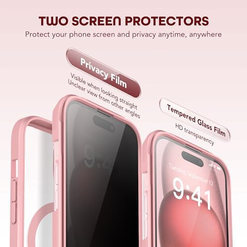 TIESZEN Magnetic for iPhone 15 Plus Case, [Dustproof Design] Compatible with Magsafe, Built-in Privacy Screen Protector & 9H Tempered Glass Screen Protector & Upgraded Camera Protection, Pink