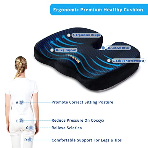 SAIREIDER Office Chair Cushion, Car Seat Cushion, Memory Foam Coccyx Cushion Pads for Tailbone Pain, Sciatica Relief Pillow, Correct Sitting Posture (Black)