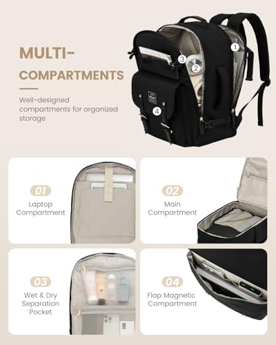 LOVEVOOK Large Travel Backpack for Women & Men Flight Approved, 40L Carry on Backpack for Airplanes, TSA Personal Item Travel Bag fit 17" Laptop, Waterproof Casual Daypack For College Essential, Black