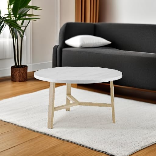 Walker Edison Mid Century Modern Round Coffee Table Living Room Accent Ottoman Storage Shelf, 30 Inch, Marble and Acorn