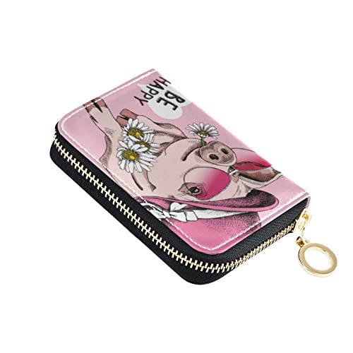 OTVEE Cute Pig Pink Small RFID Credit Card Holder Wallet Leather Zipper Credit Card Case for Women Ladies Girls Kids