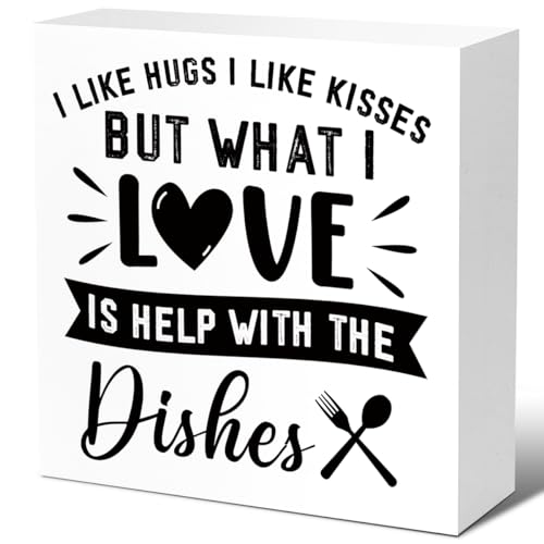 Funny Kitchen Wood Block Signs,I Like Hugs I Like Kissesx Wooden Box Sign for Kitchen Shelf Home Tabletop Desk Decor,Rustic Kitchen Sign Decor