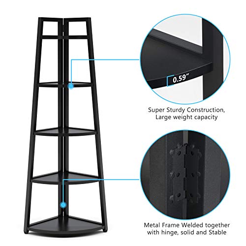 Tribesigns 70 inch Tall Corner Shelf, 5 Tier Modern Corner Bookshelf Bookcase Industrial Corner Ladder Shelf Plant Stand for Living Room, Kitchen, Home Office (Black)