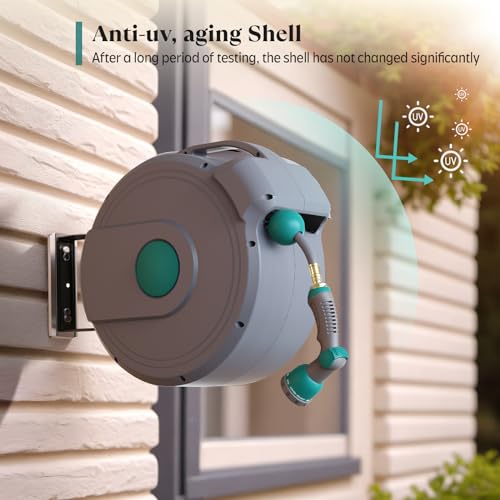 Gilbest Retractable Garden Hose Reel,1/2 in x 65 ft Wall Mounted Hose Reel, with 10- Function Sprayer Nozzle, Any Length Lock/Slow Return System/Wall Mounted/180°Swivel Bracket (Grey)