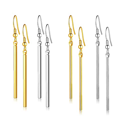 WUWEIJIAJIA 4 Pairs Unique Punk Handmade Long Bar Dangle Earrings Gold Silver Plated Drop Round Bar Line Geometric Earrings Sets for Women (4-Piece Set)