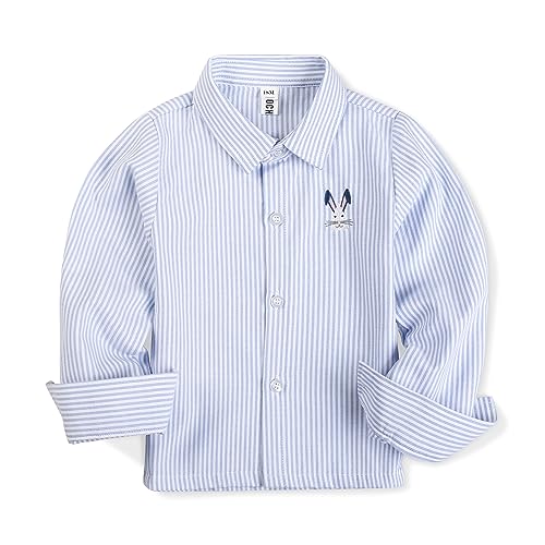 OCHENTA Boys Striped Oxford Easter Dress Shirts Button Down Long Sleeve Kids Casual Cute Rabbit Tops Green 7-8 Years