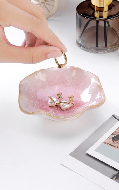 Lotus Leaf Shape Decorative Ring Tray, Small Key Bowl, Ceramic Trinket Tray Jewelry Dish Organizing Necklace Earrings, Home Decoration for Mom Best Friend Sister, Pink.