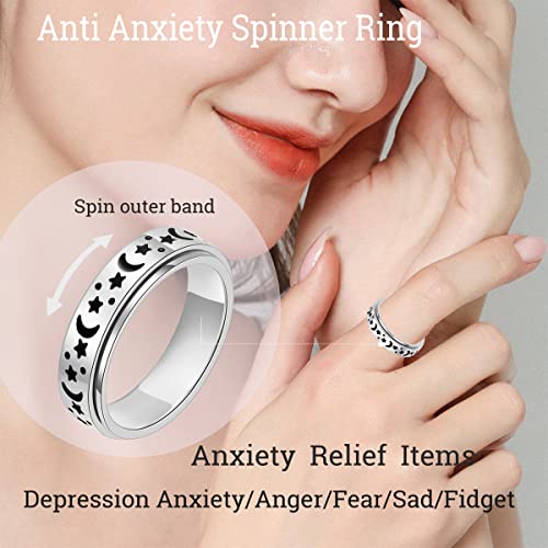 OreilleStar Anxiety Ring for Women Spinner Ring Fidget Ring Fidget Toys Adults Spinner Rings Stainless Steel Silver Rainbow Size 7 Moon Star Band