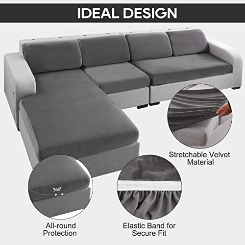 NeColorLife Velvet Chaise Cushion Cover Sectional Sofa Cover Couch Covers Thick Couch Cushion Cover with Elastic Band for Both Left/Right Sectional Couch (1PC Chaise Lounge Cushion Cover,Grey)