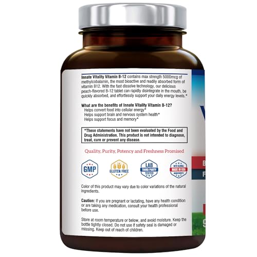 Innate Vitality Vitamin B12 5000mcg, Vegan Methylcobalamin, Fast Dissolve Tablets, Natural Peach Flavor, Supports Energy Production & Healthy Nervous System, 90 Tablets