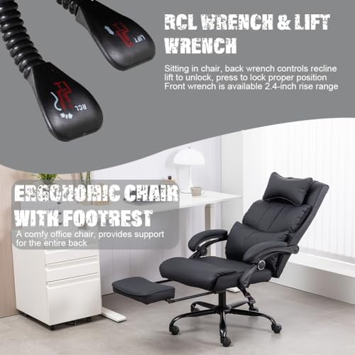 HousePrint Reclining Office Chair with Foot Rest PU Leather Chair with Footrest High Back Home Office Desk Chair with Back Support Ergonomic Office Chair - Not Springy Recline (Black)