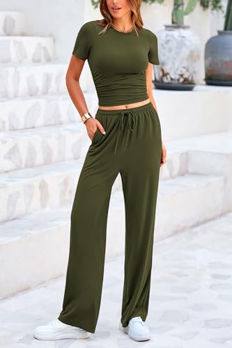 PRETTYGARDEN Women's 2 Piece Outfits Summer Tracksuit Lounge Sets Short Sleeve Crop Tops T Shirts High Waisted Wide Leg Pants (Army Green,X-Small)