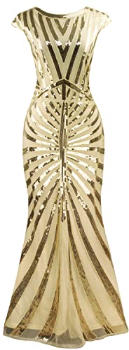 Women 1920S Gatsby Sequin Mermaid Formal Evening Dress with 20s Accessories Costume (M, Style 4 Black Gold)