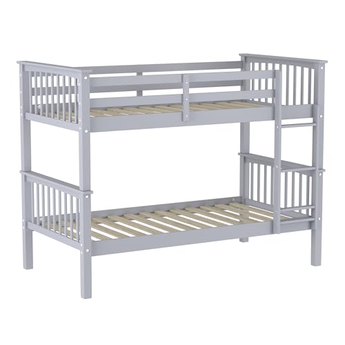 Walker Edison Resende Mission Style Solid Wood Twin over Twin Bunk Bed, Twin over Twin, Grey