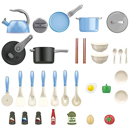 Bruvoalon 32Pcs Kids Play Kitchen Toys Set, Toddlers Pretend Cooking Playset Acccessories with Pots Pans, Utensils Cookware, Foods, Canned Veges, Learning Gift for Kids Girls Boys (Blue)