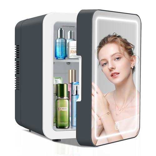 BOGDA Mini Skincare Fridge (4 Liter/6 Can) with Dimmable LED Light Mirror, Cooler and Warmer for Refrigerating Make Up, Skin Care and Food, Portable Mini Fridge for Bedroom, Office and Car, Grey