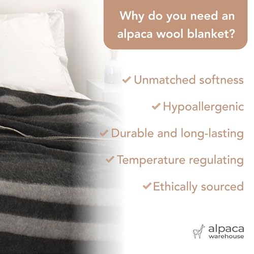 Thick Alpaca Wool Blanket Heavyweight for Camping Outdoors or Using Indoors | Soft Peruvian Alpaca Wool Blankets (Dark Gray -Soft Gray Stripes, Queen)