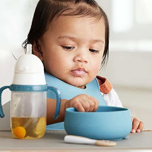 NumNum Suction Bowl + Pre-Spoon GOOtensils Self Feeding Set for Babies & Toddlers | Baby Spoon Set (Stage 1+ 2) | 100% Food Grade Silicone BPA-Free | Strong Suction | 4 months+ (Blue/Glacier Green)