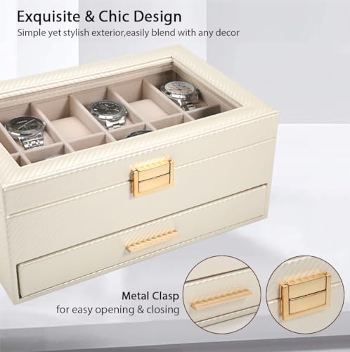 Voova Jewelry Box Watch Boxes Organizer for Men Women, 2 Layer Large 12 Slot PU Leather Watch Storage Case, Glass Top Jewelry Display Holder for Watches Sunglasses Rings Necklaces Bracelets,Apricot