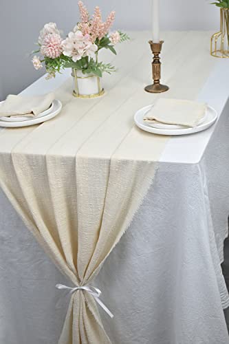 Joanlody Beige Cheesecloth Table Runner 25x120 Inches Handmade Cotton Cloth Tablecloth with Fringe 10Ft Rustic Gauze Table Runner for Wedding Party Bridal Shower Decor