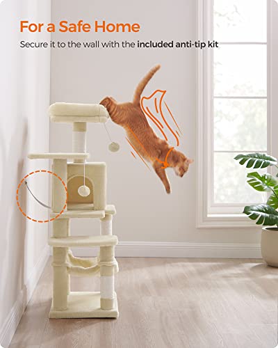 Feandrea Cat Tree, 44.1-Inch Cat Tower for Indoor Cats, Multi-Level Cat Condo with 4 Scratching Posts, 2 Perches, Hammock, Cave, Beige UPCT261M01