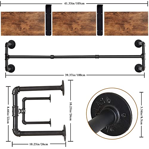 Yawinhe Industrial Pipe Clothing Rack with Shelves, Wall Mounted, Space Saving Closet Rod with 4 Bases, for Shops, Homes, 41.3''Lx10.2''Wx10.2''H, Rustic Brown, 1-Pack