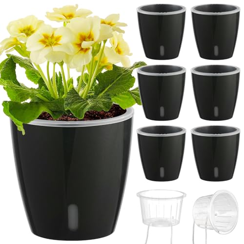 KvyusFlourish Self Watering Pots for Indoor Plants, 6-Pack 6.7'' Self Watering Planter with Drainage Holes, Small African Violet Pots with Water Indicator, Clear Wick Orchid Pot, White