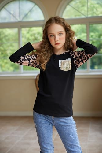 Arshiner Long Sleeve Shirts for Kids Soft Casual Color Block Stylish Pocket Crew Neck Top Shirts Black 5-6 Years