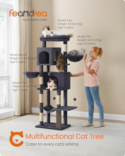 Feandrea Cat Tree, 69-Inch Tall Cat Tower for Indoor Cats, Multi-Level Cat Condo with 2 Caves, 2 Baskets, 5 Scratching Posts, Self-Groomer, Perch, Hammock, Dark Gray UPCT182G02