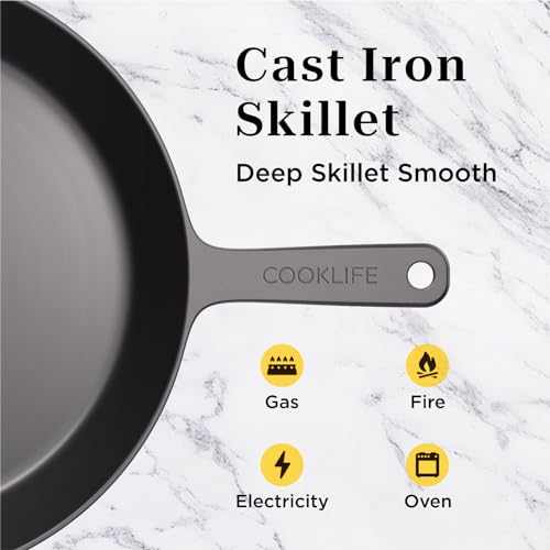 COOKLIFE 10.25 Inch Pre-Seasoned Round Cast Iron Skillet with Cover, Frying Pan with Long Handle - Use in the Oven, Over a Campfire Fire or on the Stovetop, Induction,Grill (Black)