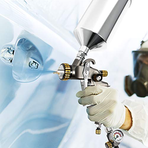 BEETRO HVLP Air Spray Gun 1.3mm Nozzle 1000ml Capacity 14.5CFM 30-43psi with 11 Filters 10pcs 190M Paint Strainers Air Control Valve 1/4" Connector and Type 2 Adapter