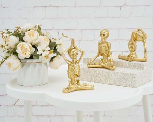 BOIHEGU Yoga Skeleton Skull Statue(Set of 3) Yoga Skull Statue for Yoga Meditation Room Decoration, Spooky Gothic Office Bookshelf Table Decoration(Antique Gold)