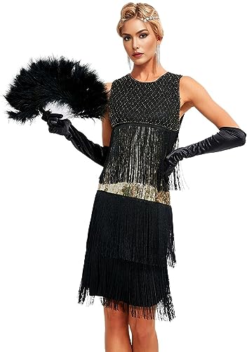 1920s Vintage Inspired Sequin Embellished Fringe Gatsby Flapper Tassel Dress w/ 20s Accessories Set Black Gold