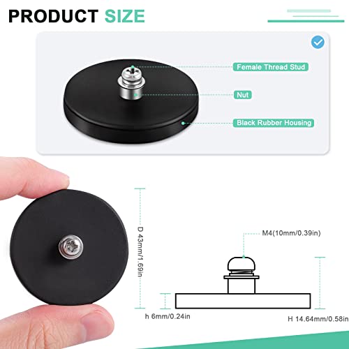 Learay 6 Pack Rubber Coated Magnets, 31 LBS Neodymium Magnet Base with M6 Threaded Studs, Strong Mounting Stud Magnet Black Rare Earth Magnets for Light Bar Mirror Camera Tool