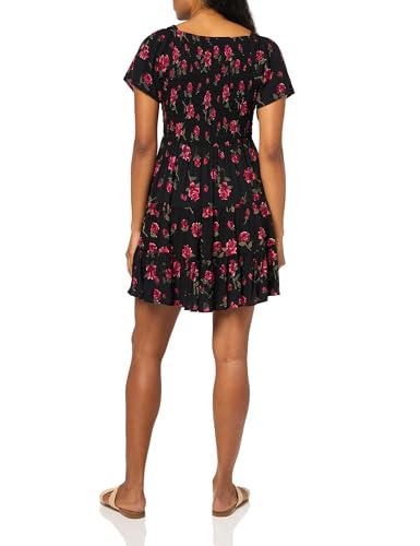 Angie Women's Short Sleeve Floral Smocked Bodice Dress, Black