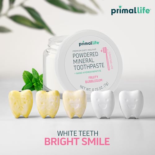 Primal Life Organics - Dirty Mouth Toothpowder, Tooth Cleaning Powder, Flavored Essential Oils with Natural Kaolin & Bentonite Clay, Good for 200+ Brushings, Organic, Vegan (Sweet Bubblegum, 0.25 oz)
