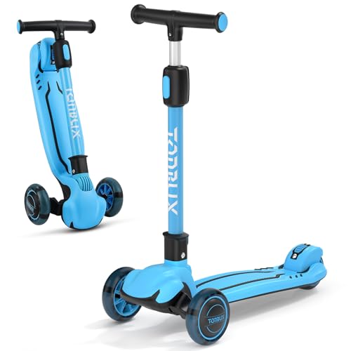 TONBUX Kids Scooter, Light Up 3 Wheel Scooters for Kids 5-7, Folding Toddler Scooter with Adjustable Height, Lean-to-Steer & Widen Anti-Slip Deck - Blue