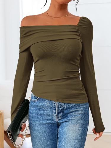 MASCOMODA Women 2024 Long Sleeve Crop Top Off The Shoulder Cute Going Out Tops Trendy Slim Fitted Ribbed Knit Tee Shirts(Army Green,Small)