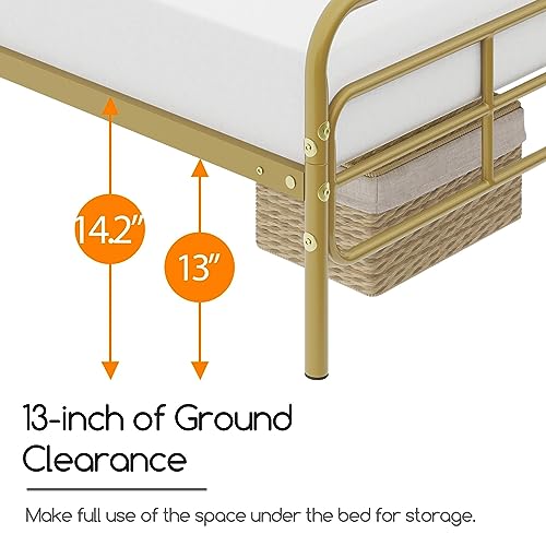 Yaheetech Twin Bed Frame Metal Platform Bed with Geometric Patterned Headboard, Mattress Foundation with Under Bed Storage/Sturdy Slat Support, No Box Spring Needed, Antique Gold