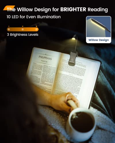 Glocusent Willow Book Light, 10LED, 3 Colors & 3 Brightness, Rechargeable, Lightweight, Clip on, Modern Design, Pure White, ABS Material, USB-C, 80hr Runtime, Ideal for Book Lovers