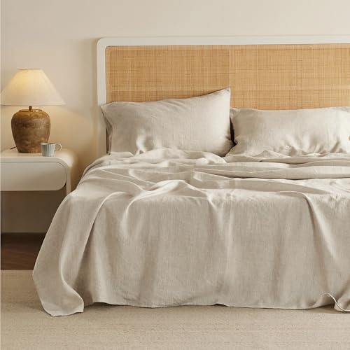 Bedsure Linen Sheets - Twin Linen Bed Sheet, 3 Pcs Twin Sheets Set Cotton Linen, Linen Cotton Blend Sheets for All Seasons, 1 Flat Sheet, 1 Fitted Sheet and 1 Pillowcase (Linen, Twin)