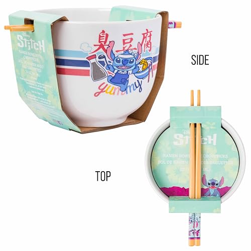 Silver Buffalo Lilo and Stitch Yummy Ceramic Ramen Noodle Rice Bowl with Chopsticks, Microwave Safe, 20 Ounces