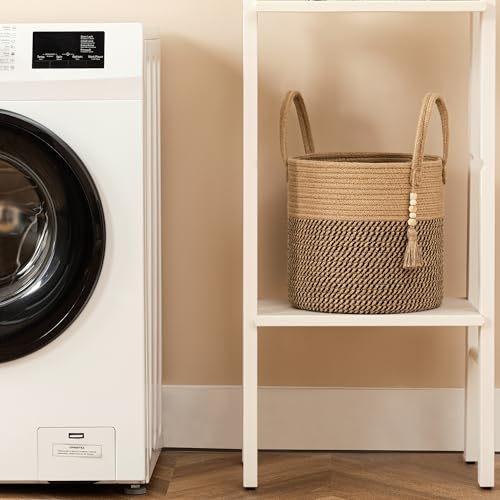 UBBCARE Woven Storage Basket - 11 x 11 inches, Decorative Rope Basket with Handles, Round Basket for Blankets, Dirty Clothes, Toys and Shoes in Living Room, Bedroom, White & Jute