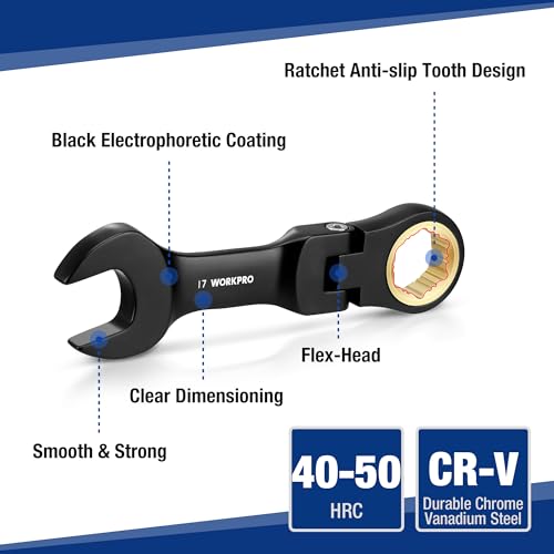 WORKPRO 8-Piece Stubby Anti-slip Ratcheting Combination Wrench Set, SAE 5/16-3/4 in, 72-Teeth, CRV, Black Electrophoretic Coating, Flex-Head Wrench Set with Rolling Pouch